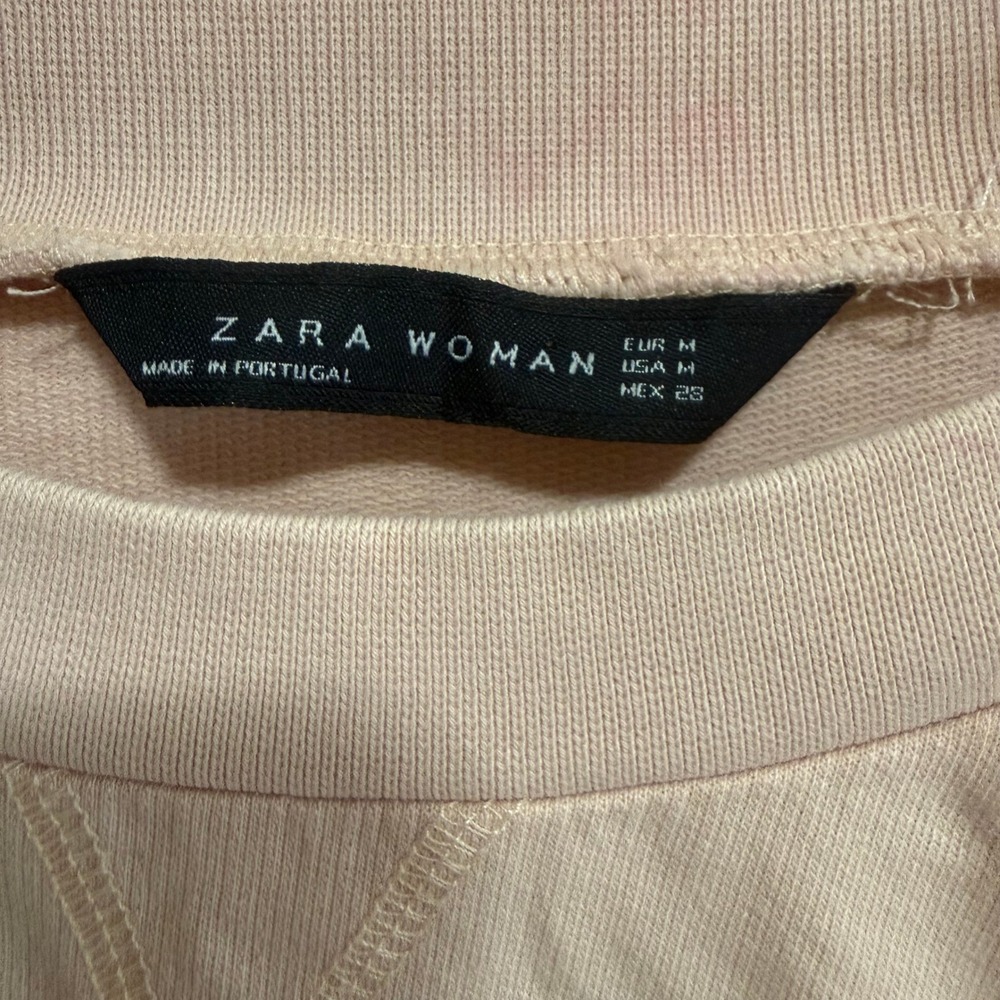 ZARA Pink Gathered Sleeve Sweatshirt Women Medium Crew Neck Casual Pullover - Picture 3 of 15